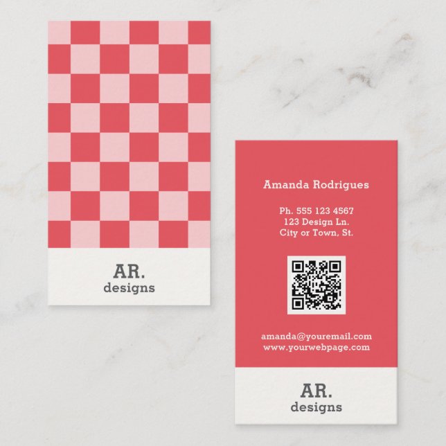 Stylish Pink Checkered QR Business Card (Front/Back)