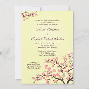 Stylish pink cherry blossoms wedding invitation
