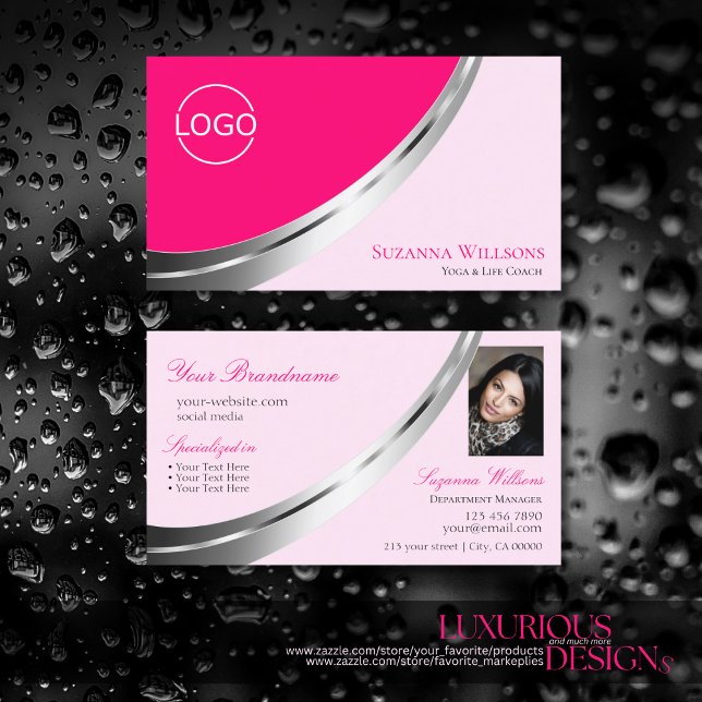 Stylish Pink Chic Silver Decor with Logo and Photo Business Card (Creator Uploaded)