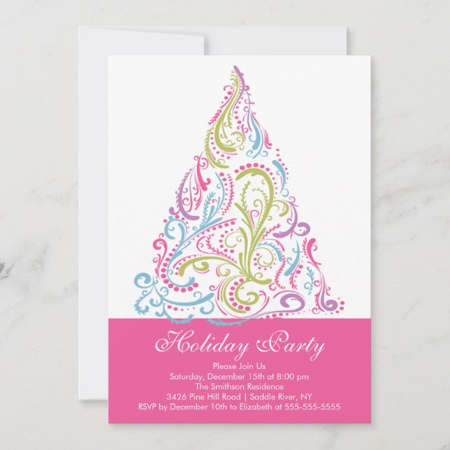 Stylish Pink Christmas Tree Holiday Party Invitation (Front)