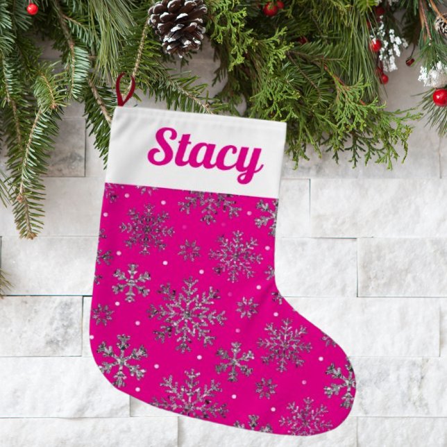 Stylish Pink Christmas w/ Elegant Snowflakes Large Christmas Stocking (Creator Uploaded)