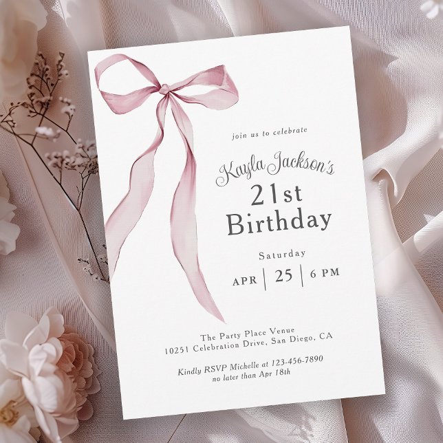Stylish Pink Coquette Bow 21st Birthday Party Invitation (Available in both printed and instant download digital formats.)