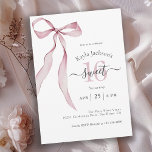 Stylish Pink Coquette Bow Sweet 16 Birthday Invitation<br><div class="desc">Celebrate a Sweet 16 birthday in feminine coquette style with this simple charming party invitation featuring a pink bow with long trailing ribbons. The simplicity of this design blended with the feminine pink bow makes it a lovely choice for a Sweet 16 celebration. Personalize the text template with your event...</div>