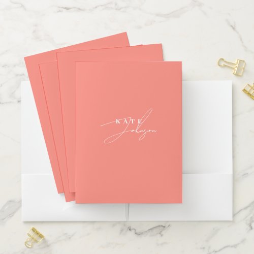 Stylish Pink Coral Signature Script Monogram Pocket Folder