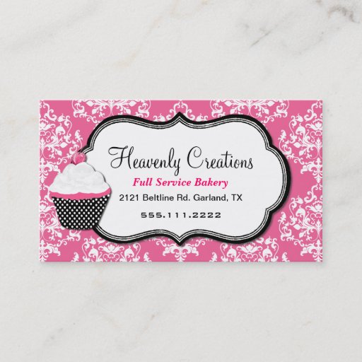 Customizable Stylish Pink Damask Bakery Business Card