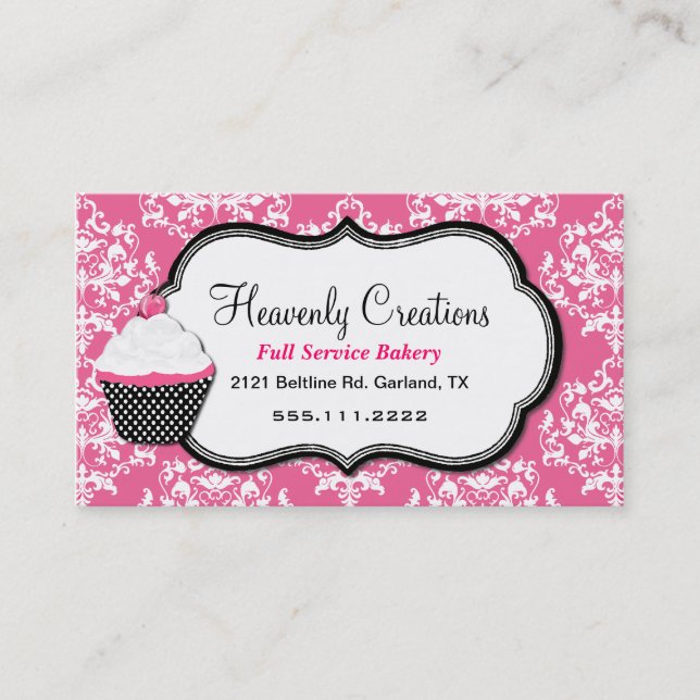 Stylish Pink Damask Bakery Business Card (Front)