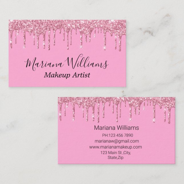 stylish pink dripping glitters sparkles luxury business card (Front/Back)