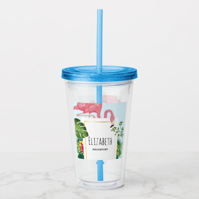 Stylish Pink Flamingo and Tropical Leaves Acrylic Tumbler (Front)