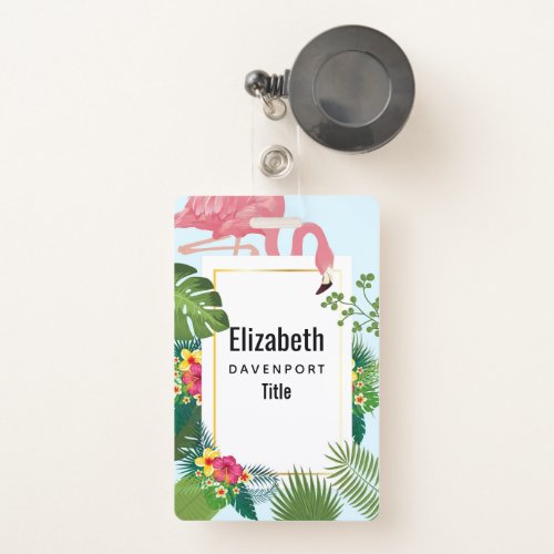 Stylish Pink Flamingo and Tropical Leaves Badge
