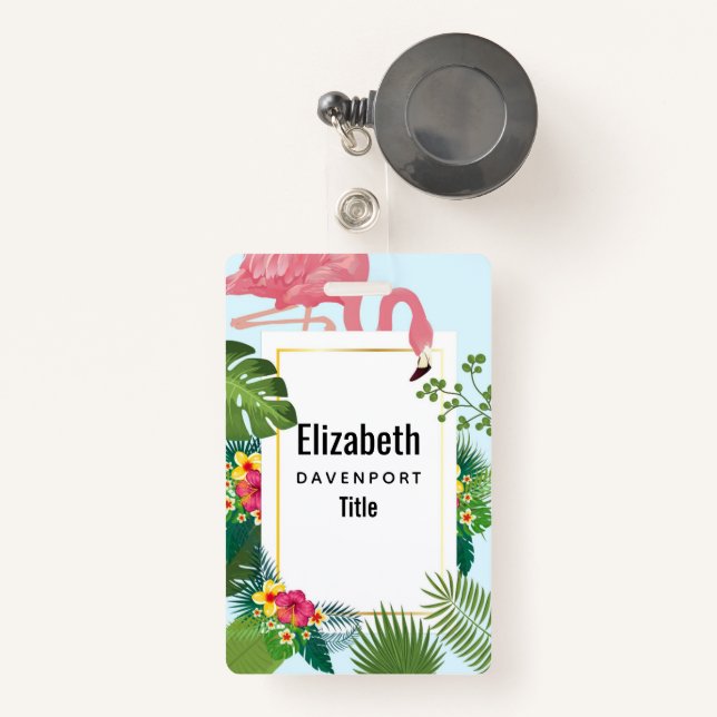 Stylish Pink Flamingo and Tropical Leaves Badge (Front with Retractable)