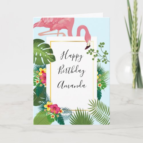Stylish Pink Flamingo and Tropical Leaves Birthday Card