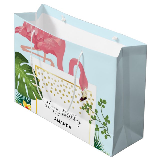 Stylish Pink Flamingo and Tropical Leaves Birthday Large Gift Bag (Front Angled)