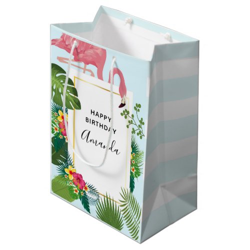 Stylish Pink Flamingo and Tropical Leaves Birthday Medium Gift Bag