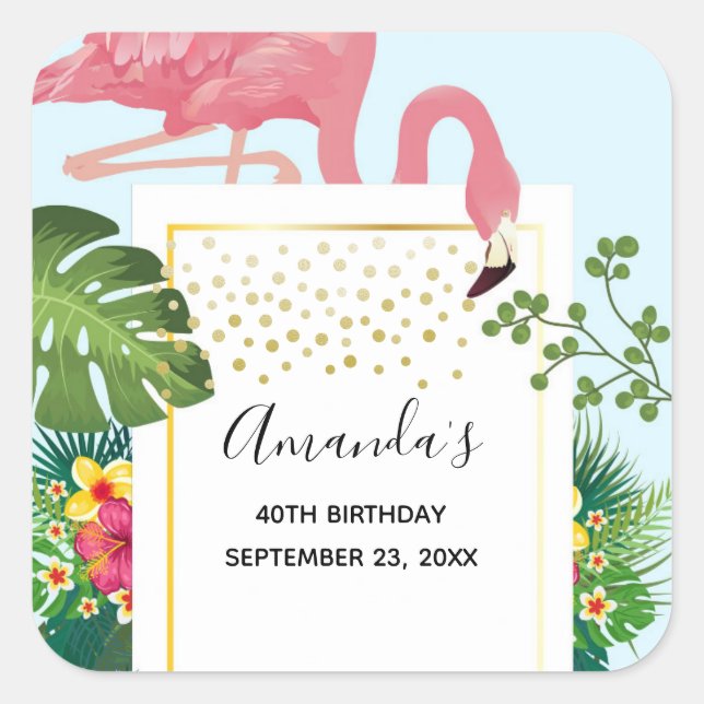 Stylish Pink Flamingo and Tropical Leaves Birthday Square Sticker (Front)