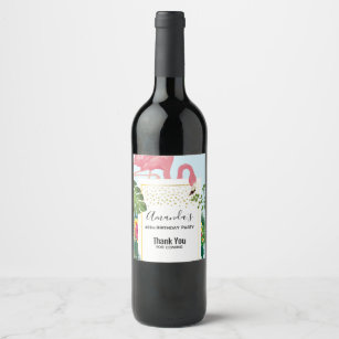 Stylish Pink Flamingo and Tropical Leaves Birthday Wine Label