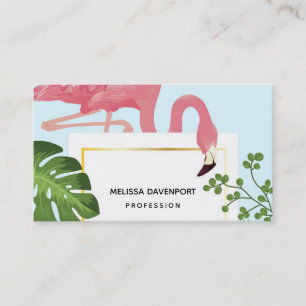 Stylish Pink Flamingo and Tropical Leaves Business Card