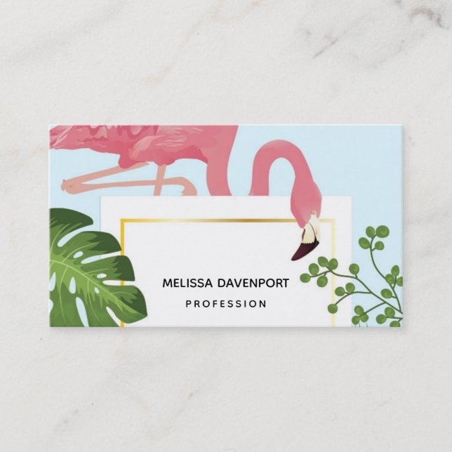 Stylish Pink Flamingo and Tropical Leaves Business Card (Front)
