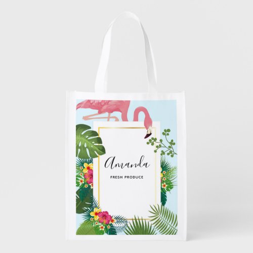 Stylish Pink Flamingo and Tropical Leaves Grocery Bag