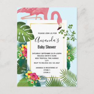 Stylish Pink Flamingo and Tropical Leaves Invitation Postcard