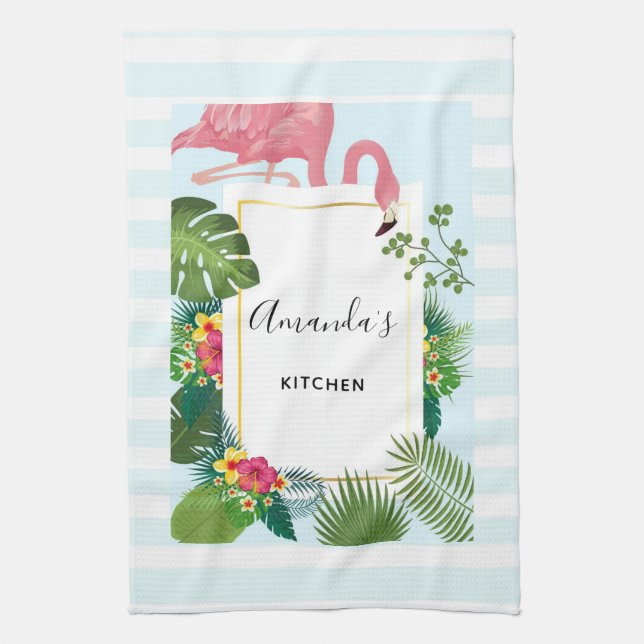 Stylish Pink Flamingo and Tropical Leaves Kitchen  Kitchen Towel (Vertical)