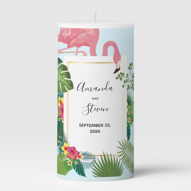 Stylish Pink Flamingo and Tropical Leaves Marriage Pillar Candle (Front)