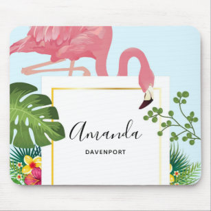 Stylish Pink Flamingo and Tropical Leaves Mouse Pad