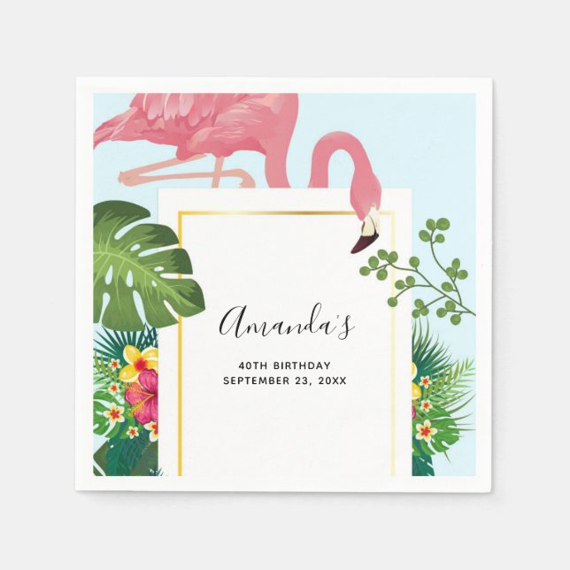 Stylish Pink Flamingo and Tropical Leaves Napkins (Front)