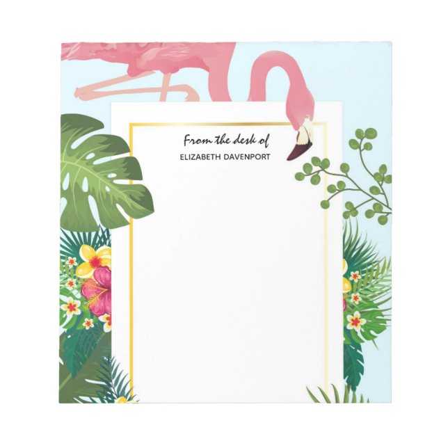 Stylish Pink Flamingo and Tropical Leaves Notepad (Front)