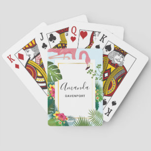 Stylish Pink Flamingo and Tropical Leaves Poker Cards