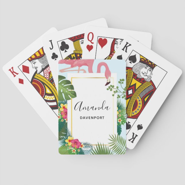Stylish Pink Flamingo and Tropical Leaves Poker Cards (Back)