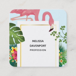 Stylish Pink Flamingo and Tropical Leaves Square Business Card