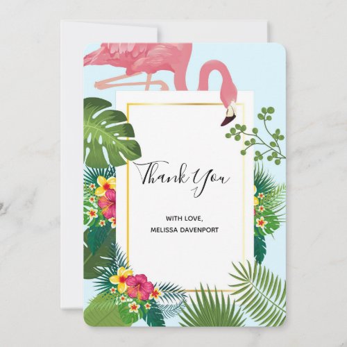 Stylish Pink Flamingo and Tropical Leaves Thank You Card