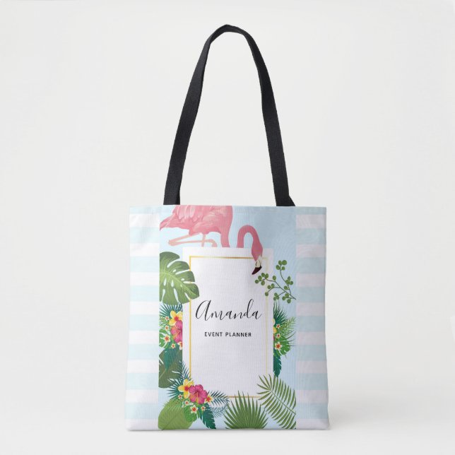 Stylish Pink Flamingo and Tropical Leaves Tote Bag (Front)