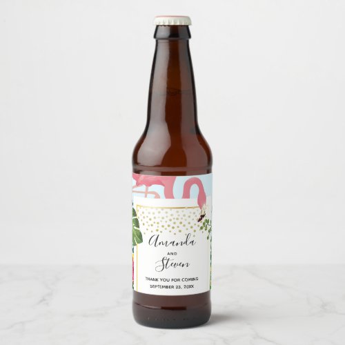 Stylish Pink Flamingo and Tropical Leaves Wedding  Beer Bottle Label
