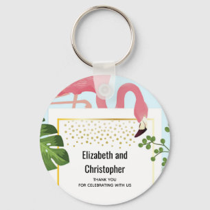 Stylish Pink Flamingo and Tropical Leaves Wedding Keychain