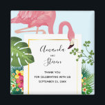 Stylish Pink Flamingo and Tropical Leaves Wedding Magnet<br><div class="desc">A wedding thank you magnet with a cute and whimsical pink flamingo. Surrounded by green tropical leaves,  and red and yellow hibiscus flowers. A rectangle shaped,  gold gradient frame in the center.</div>