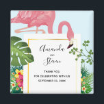 Stylish Pink Flamingo and Tropical Leaves Wedding Magnet<br><div class="desc">A wedding thank you magnet with a cute and whimsical pink flamingo. Surrounded by green tropical leaves,  and red and yellow hibiscus flowers. A rectangle shaped,  gold gradient frame in the center.</div>