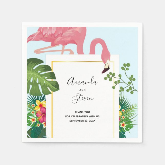 Stylish Pink Flamingo and Tropical Leaves Wedding Napkins (Front)