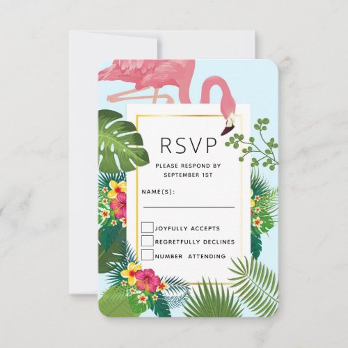 Stylish Pink Flamingo and Tropical Leaves Wedding RSVP Card