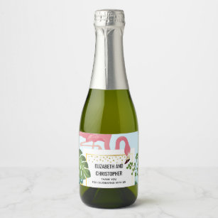 Stylish Pink Flamingo and Tropical Leaves Wedding Sparkling Wine Label