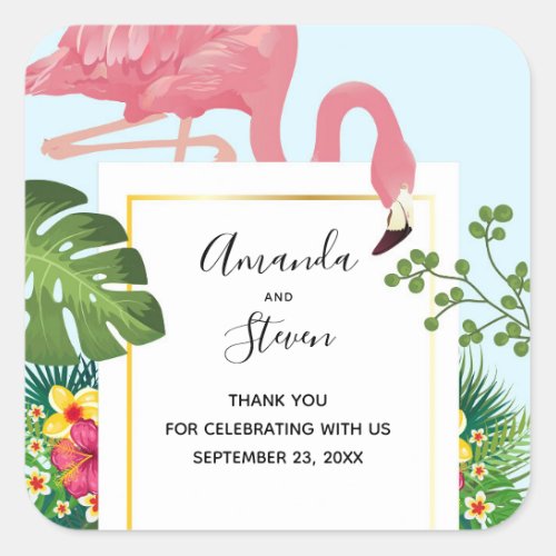 Stylish Pink Flamingo and Tropical Leaves Wedding Square Sticker