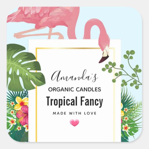 Stylish Pink Flamingo and Tropical Square Sticker