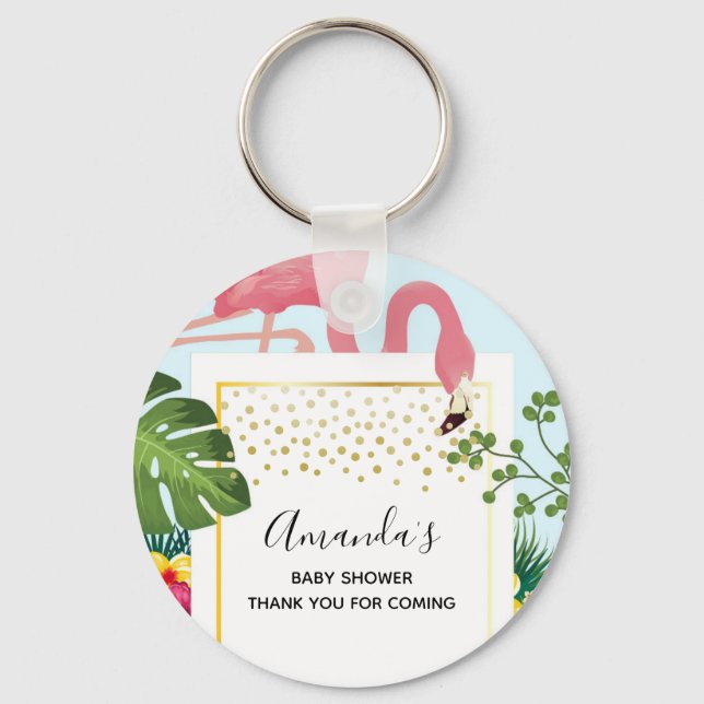Stylish Pink Flamingo Baby Shower Keychain (Front)