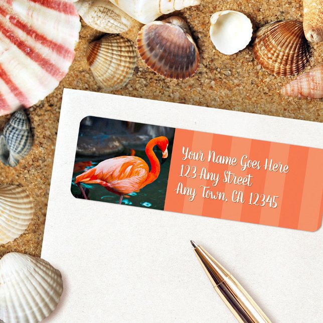 Stylish pink flamingo photo custom script address label (Creator Uploaded)