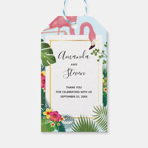 Stylish Pink Flamingo  Tropical Leaves Thank You  Gift Tags