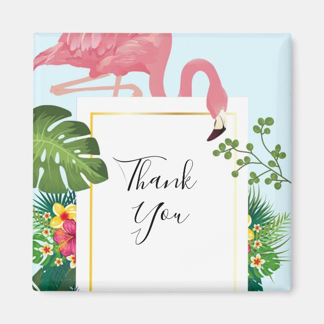 Stylish Pink Flamingo & Tropical Leaves Thank You Magnet (Front)