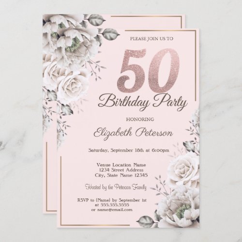 Stylish Pink Floral 50th Birthday Party Invitation