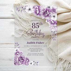 Stylish Pink Floral 85th Birthday Party Acrylic Invitations
