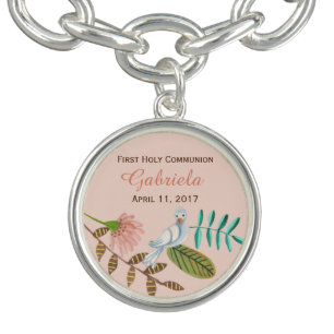Stylish pink floral & bird First Holy Communion Charm Bracelet
