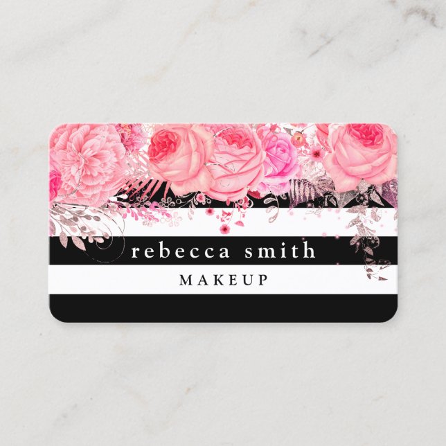 Stylish pink floral black white stripes makeup business card (Front)